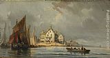 Eugene Isabey Coastal Landscape with Boats and Constructions painting